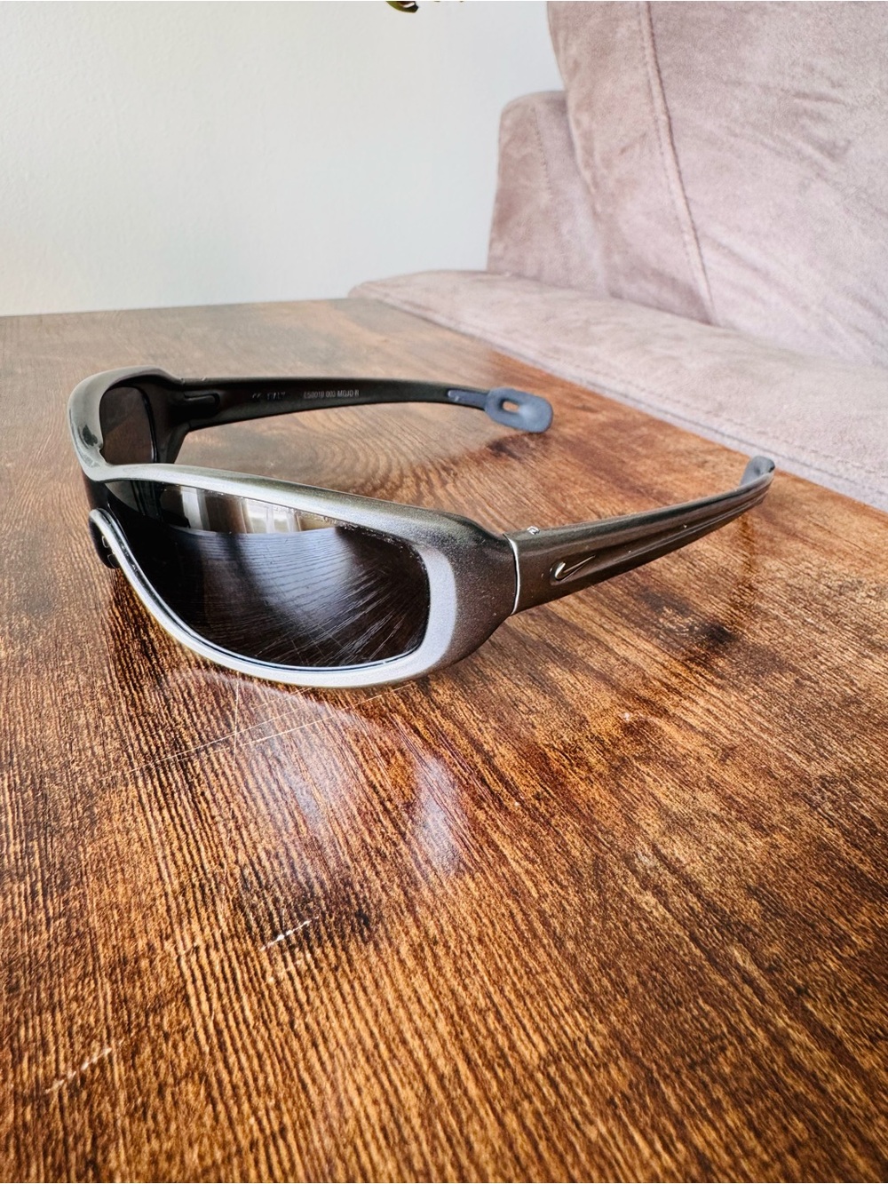 Y2k Nike Men's Metallic Gray Sport Sunglasses with Dark Lenses
